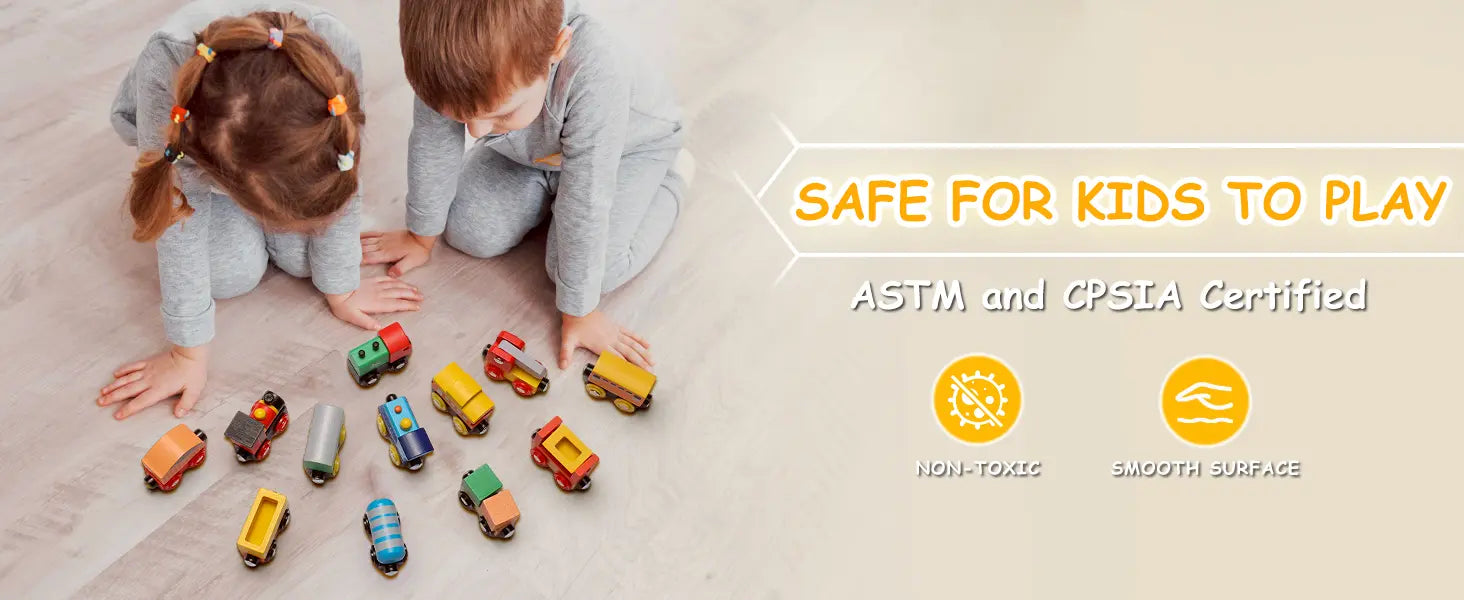 Two children playing with colorful toy cars on a light surface, with text indicating safety certifications.