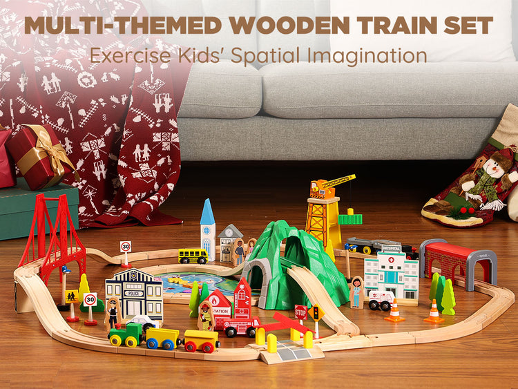 Wooden train set with various accessories on a wooden floor, featuring text about spatial imagination.