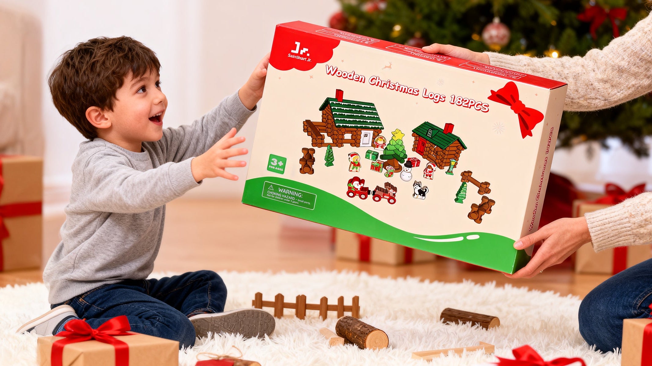 Child and adult with a felt play set in a festive setting with Christmas decorations.