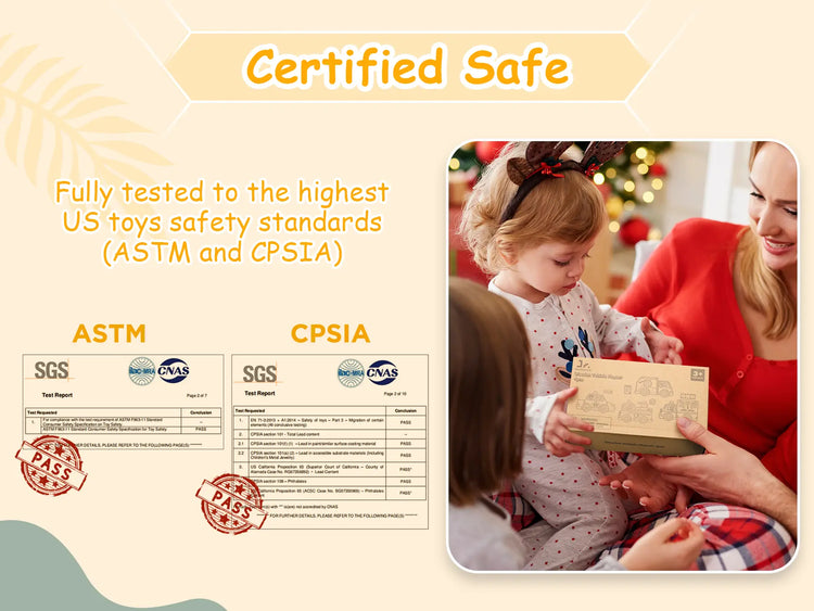 Certified safe toy packaging with child and parent, safety standards text, and certification logos.