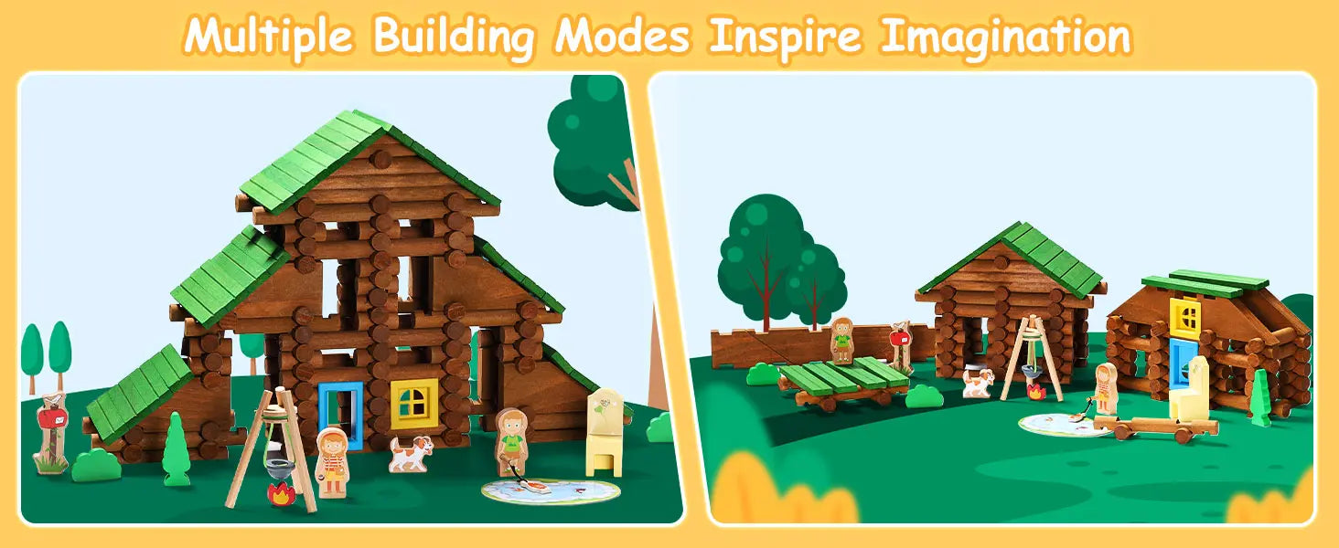 Children's toy set with wooden houses and trees, labeled 'Multiple Building Modes Inspire Imagination'.