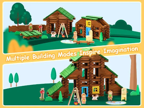 Toy building set with multiple modes of construction on a green landscape.