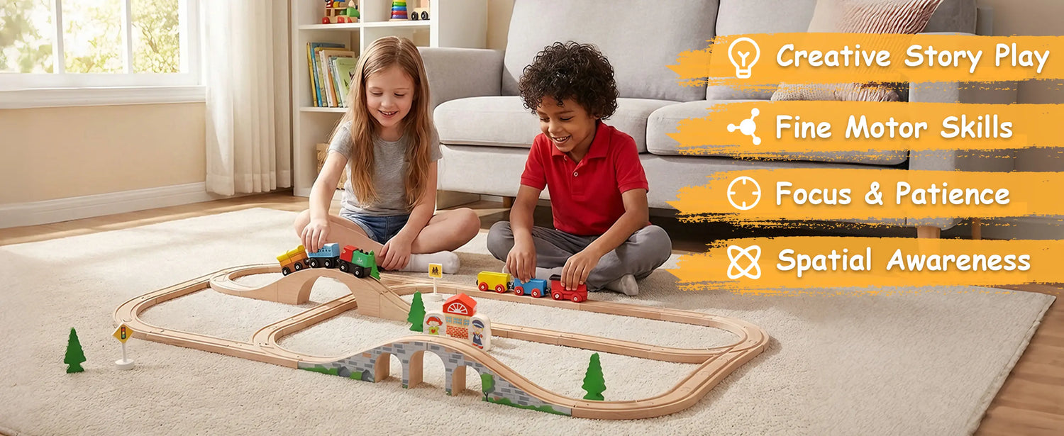 Two children playing with a wooden train set
