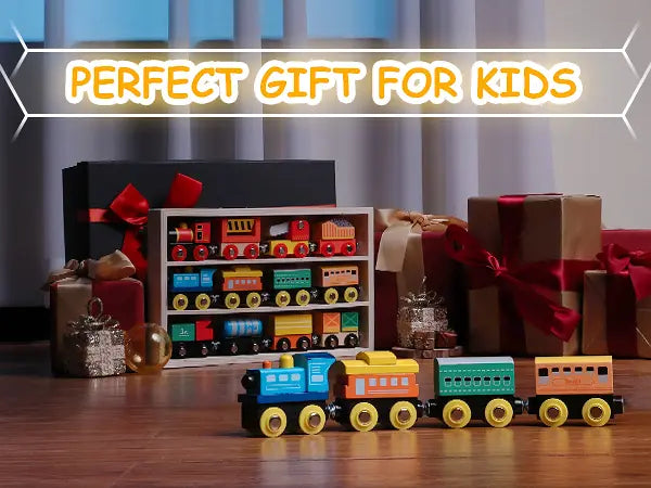 Colorful toy train set on a wooden floor with gift boxes and ribbons, labeled 'Perfect Gift for Kids'.