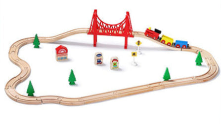 Wooden train set with different layout plans displayed