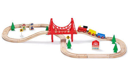 Wooden train set with different layout plans displayed