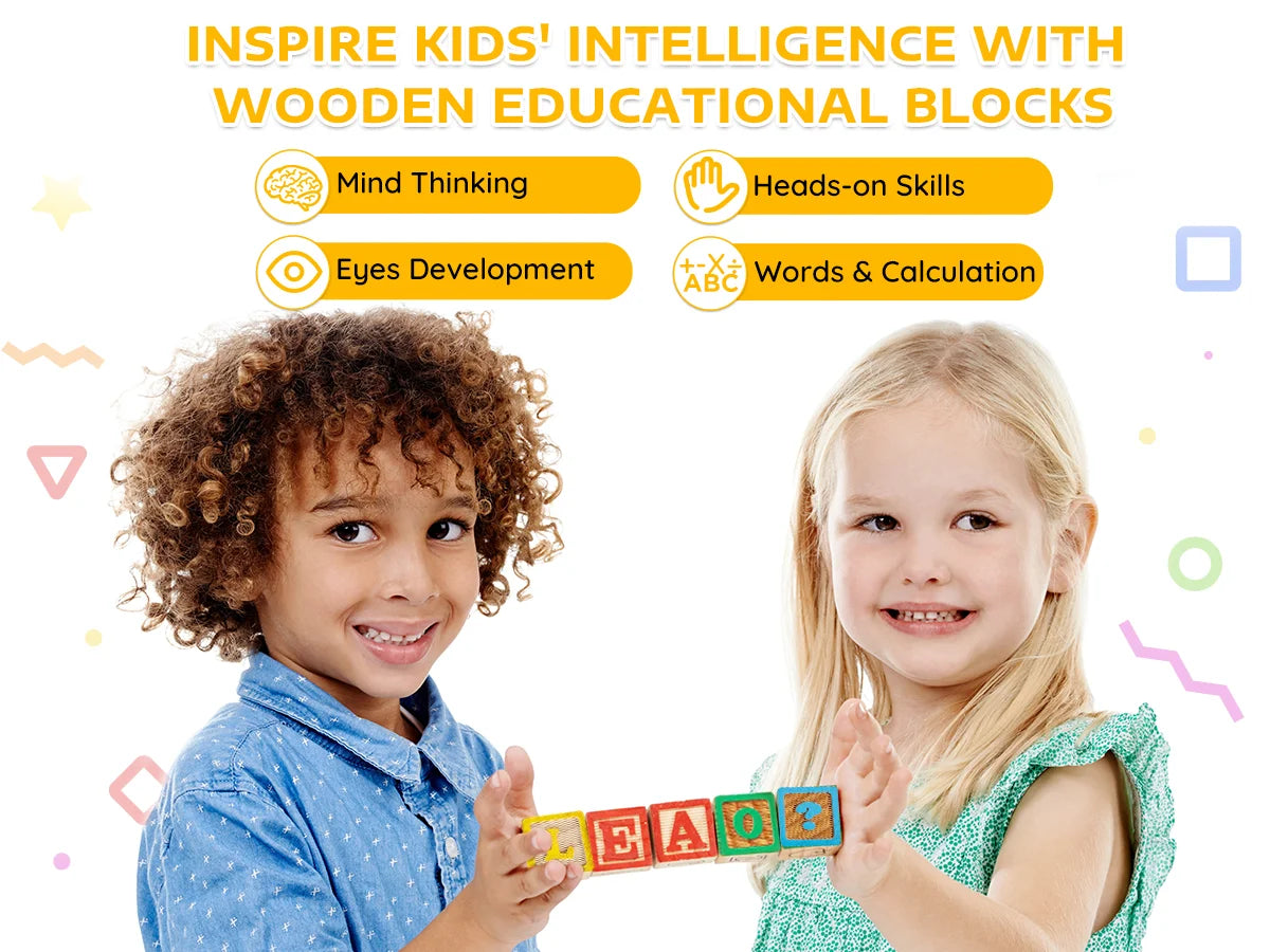 Two children holding educational wooden blocks