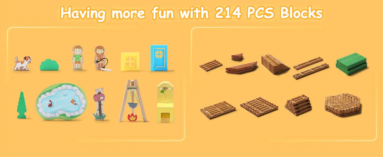 Set of 214 PCS blocks on a yellow background with text 'Having more fun with 214 PCS Blocks'.