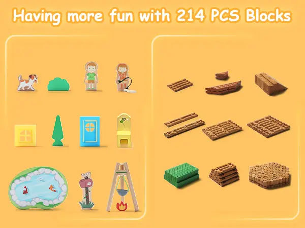 Set of toy blocks with various shapes and colors on a yellow background