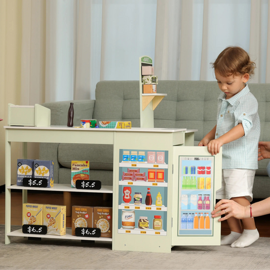 Woman and child playing with a toy kitchen set in a living room.