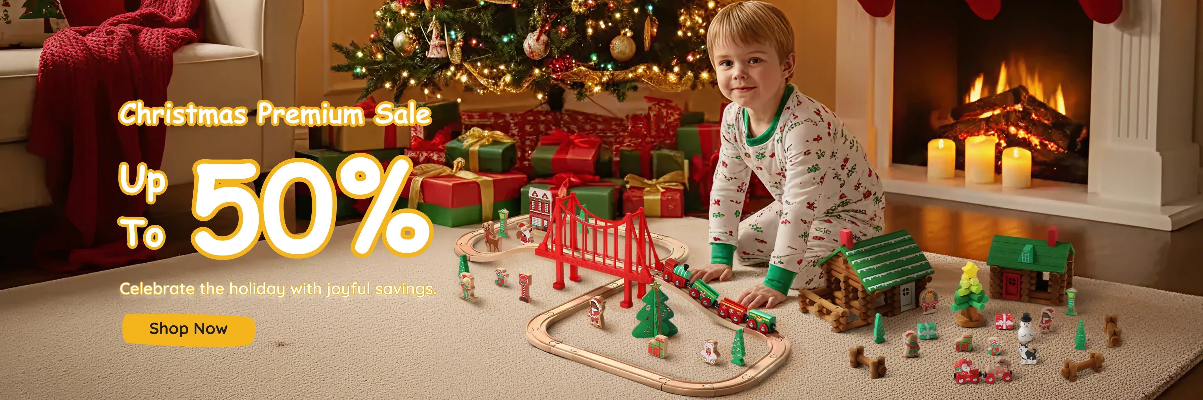 Child playing with a toy train set in a festive living room with Christmas decorations.