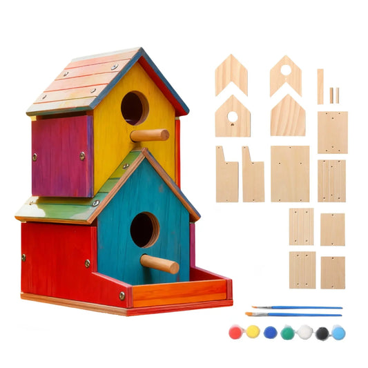 Wooden Bird House 2-Story with Brushes and Paint