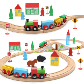 Wooden Train Set with Double-Side Train Tracks