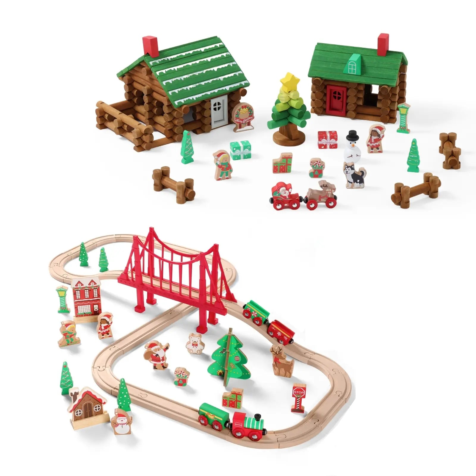 Toy train set with wooden tracks, houses, and trees on a white background
