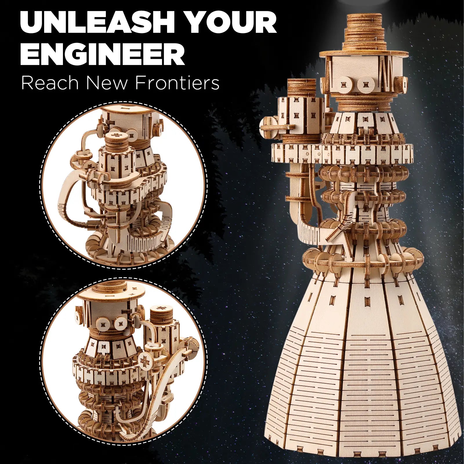Wooden model kit of a rocket with 'Unleash Your Engineer' text on a dark background