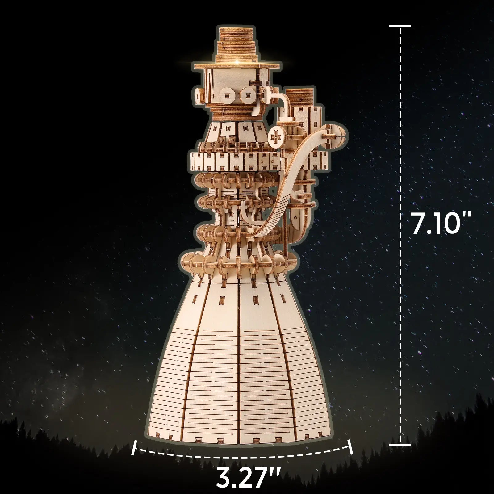 Wooden mechanical model of a rocket ship with dimensions