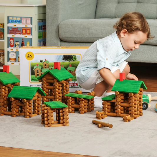 Wooden Log Cabin Set Building House Toy