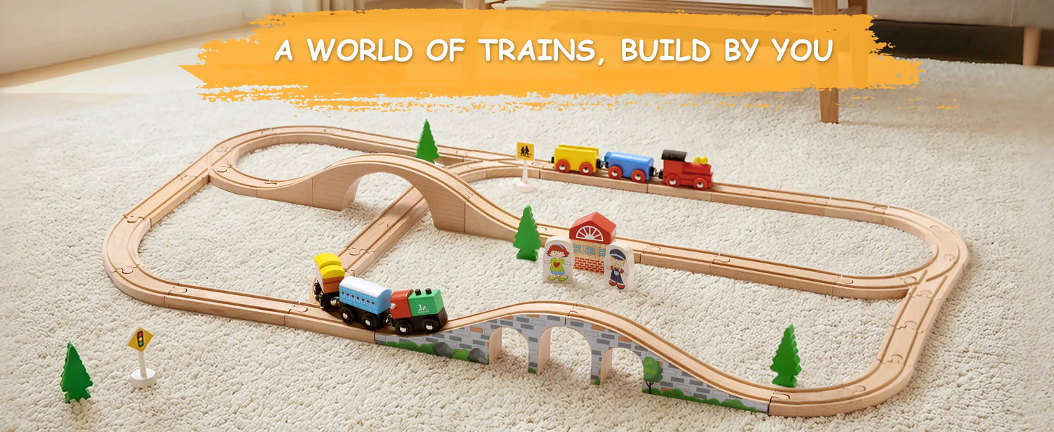 Wooden train set with tracks and toy trains