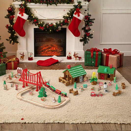 Christmas-themed room with a fireplace, stockings, and toy train set on a rug.