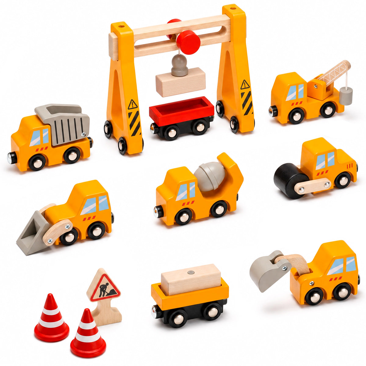 Wooden Train Set Accessories 14 PCS Construction Vehicle Toys