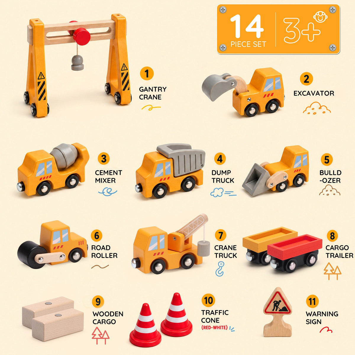Wooden Train Set Accessories 14 PCS Construction Vehicle Toys