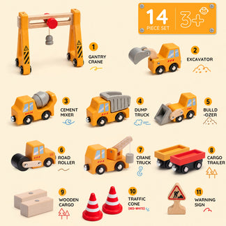 Wooden Train Set Accessories 14 PCS Construction Vehicle Toys