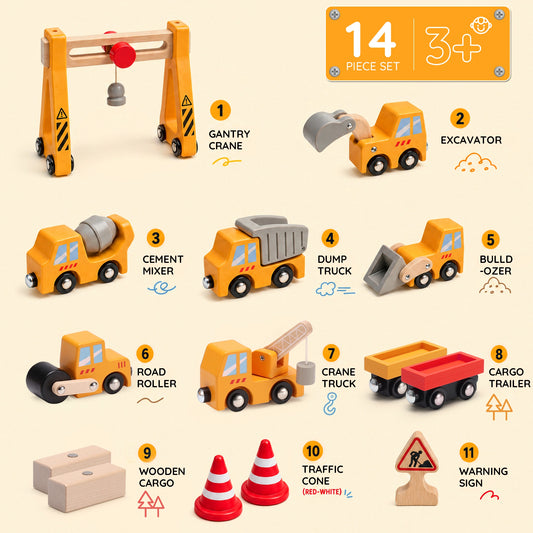 Wooden Train Set Accessories 14 PCS Construction Vehicle Toys