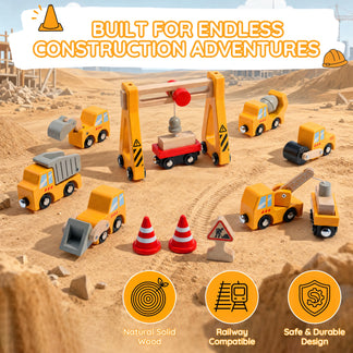 Wooden Train Set Accessories 14 PCS Construction Vehicle Toys