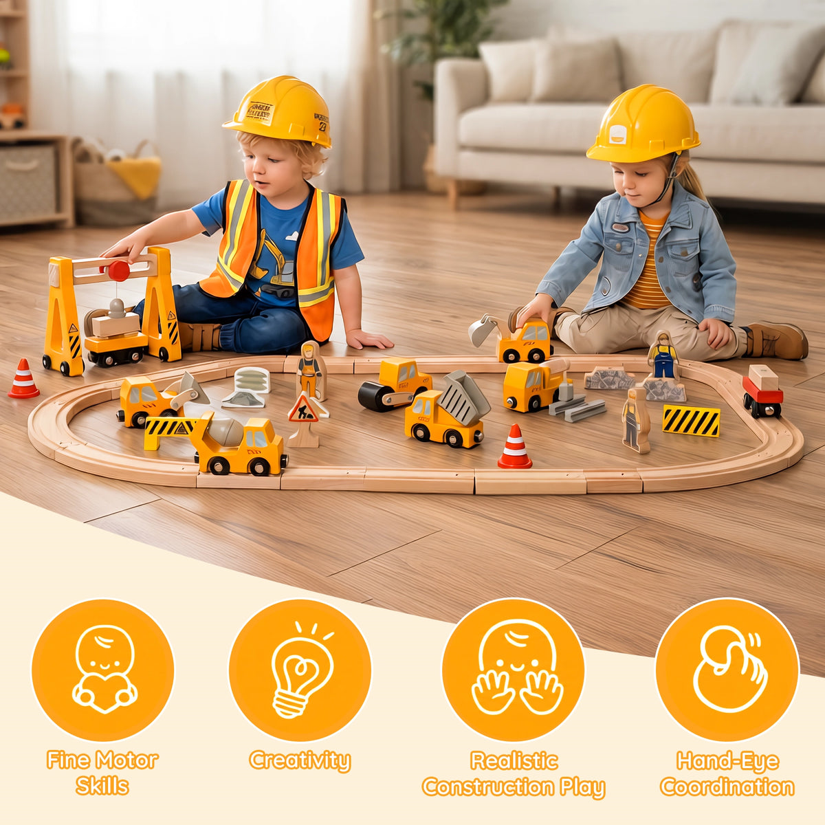 Wooden Train Set Accessories 14 PCS Construction Vehicle Toys