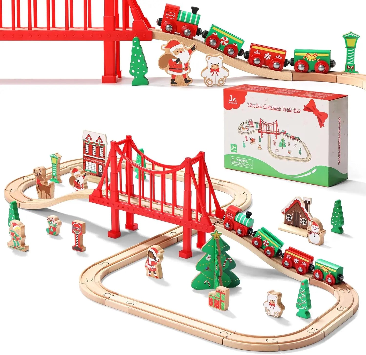 Wooden train set with Christmas-themed tracks, trains, and accessories