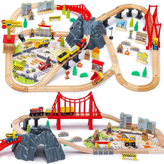 Toy train set with wooden tracks, bridges, and various accessories