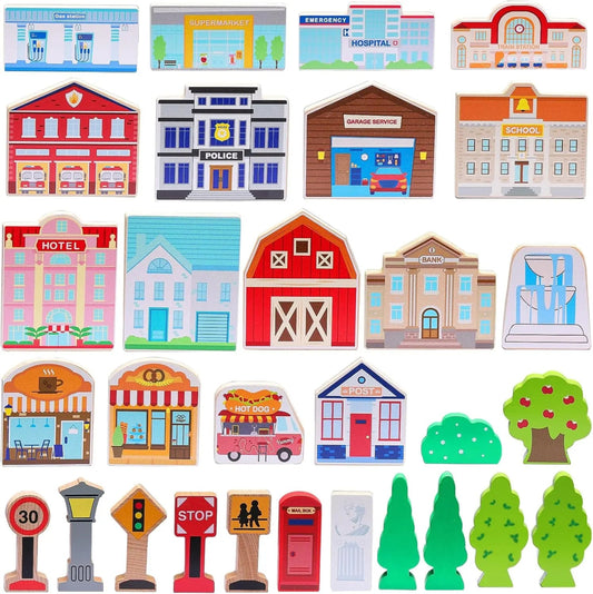 Collection of colorful building and vehicle-shaped toys