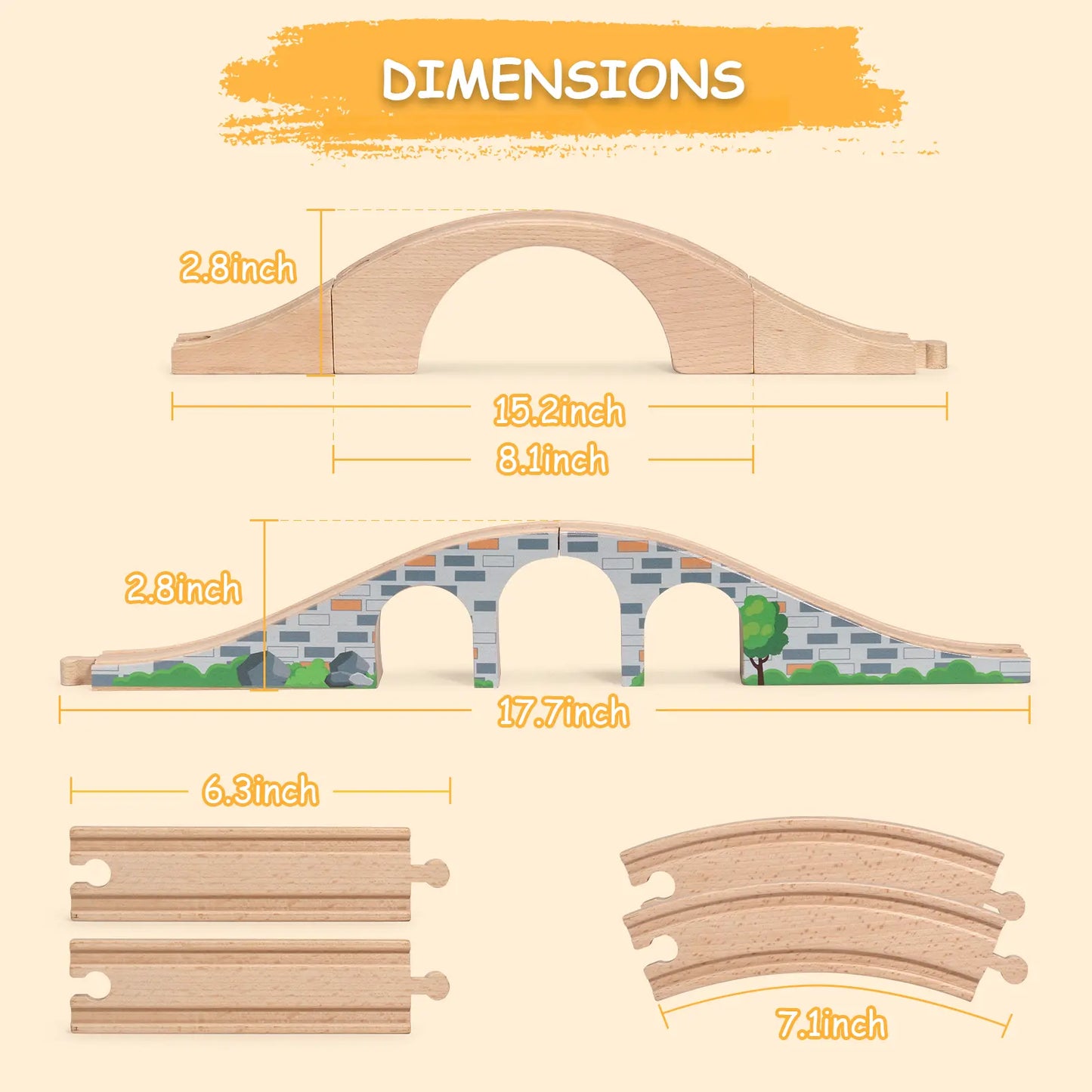 Wooden toy train track components with dimensions