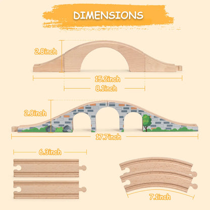 Wooden toy train track components with dimensions