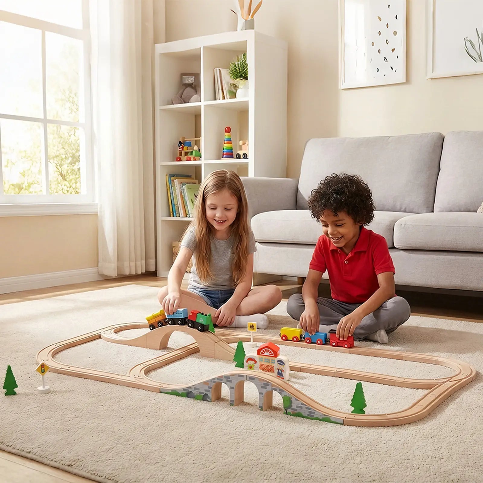 Two children playing with a toy train set in a living room.
