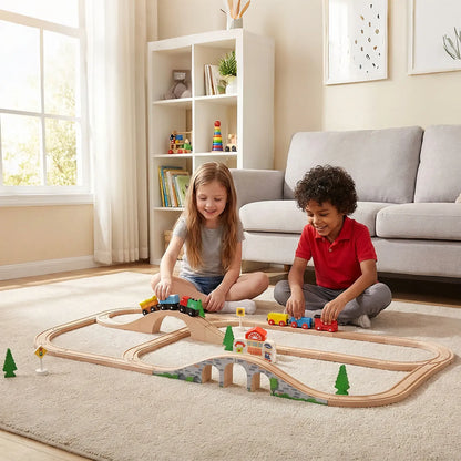 Two children playing with a toy train set in a living room.