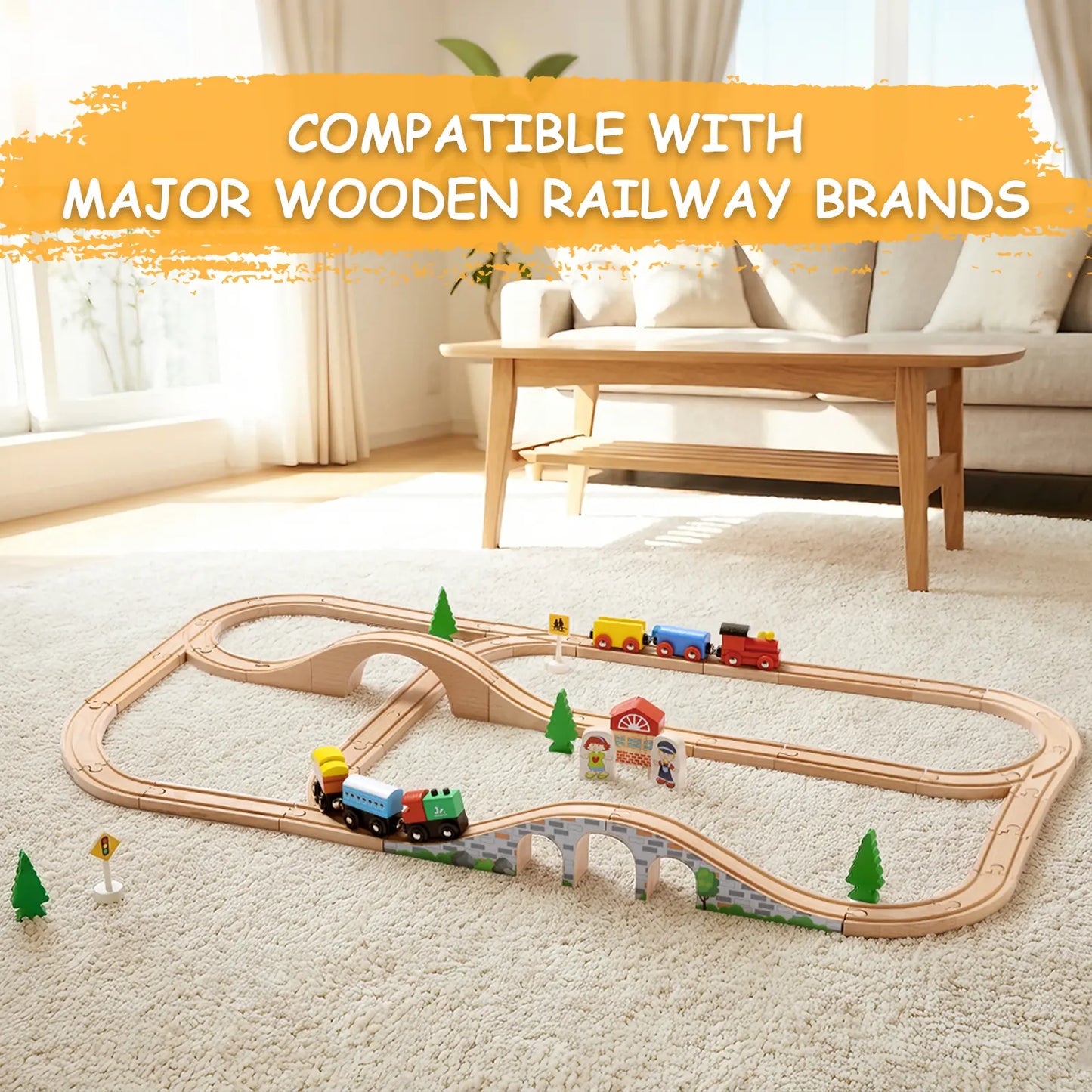 Wooden train set on a carpeted floor 