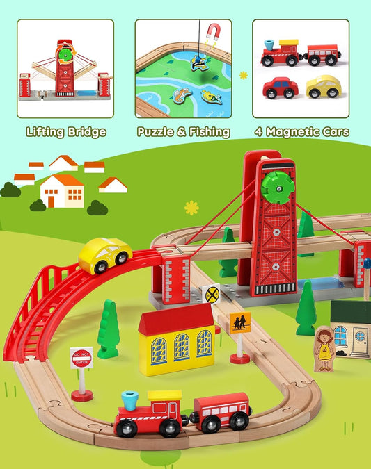 lifting bridge, puzzle & fishing, 4 magnetic cars. SainSmart Jr. train track toys