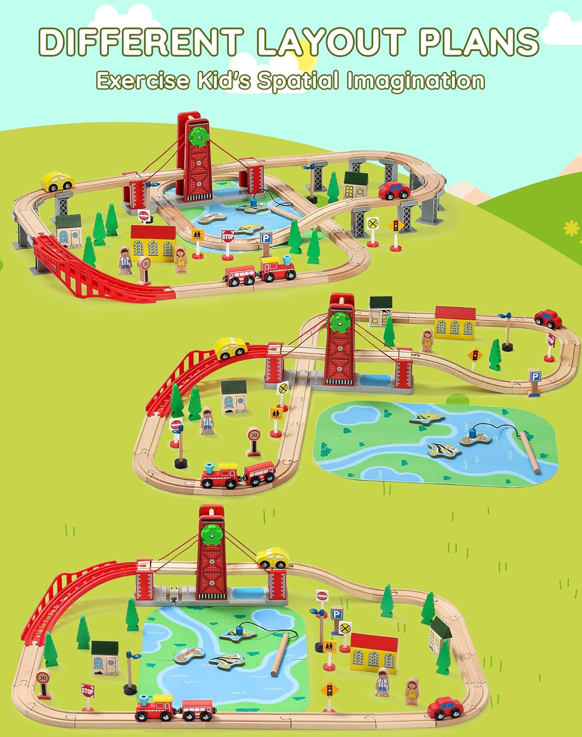 Toy train set with various layouts