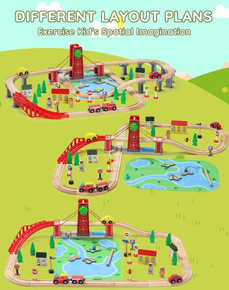Toy train set with various layouts