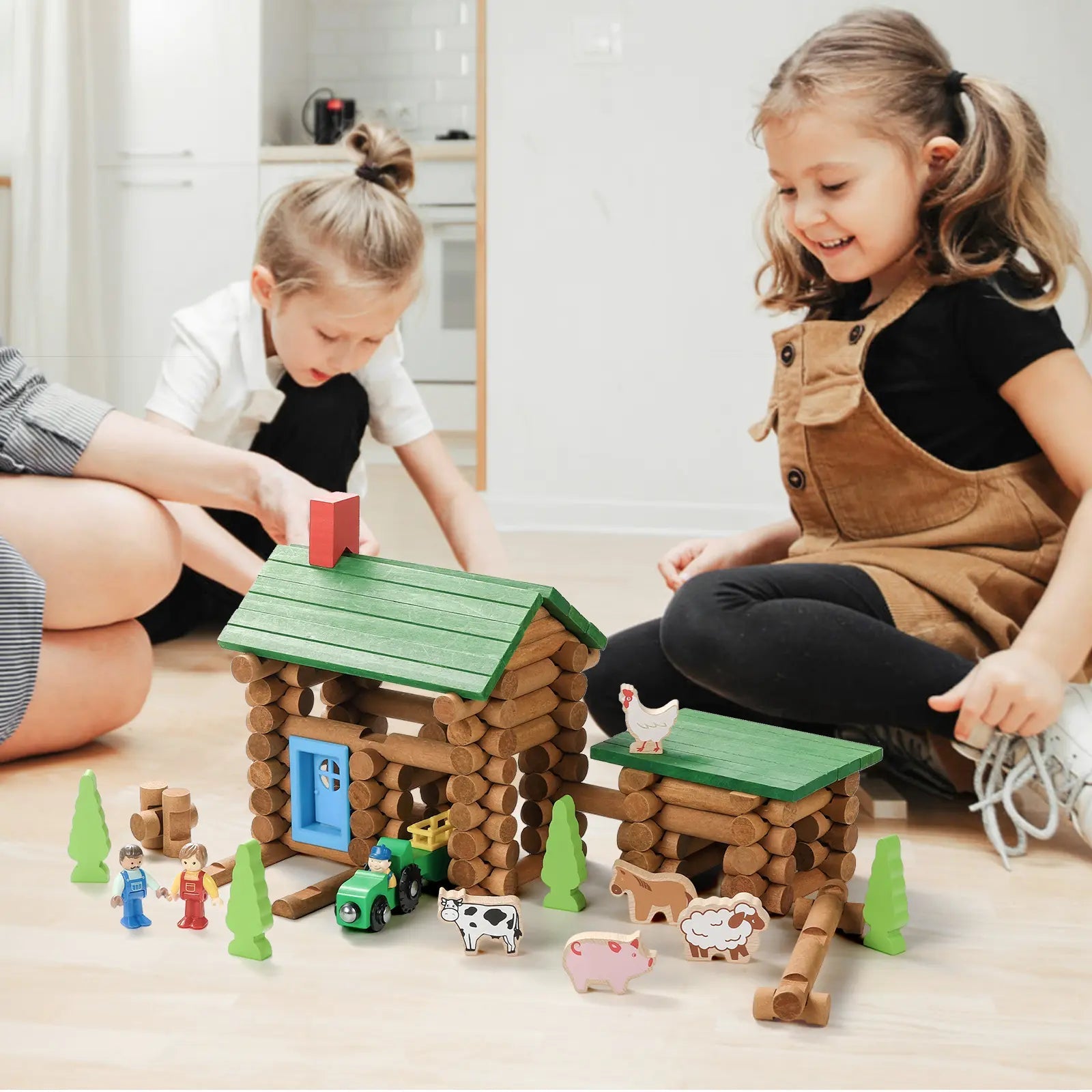 Two children playing with a wooden toy farm set