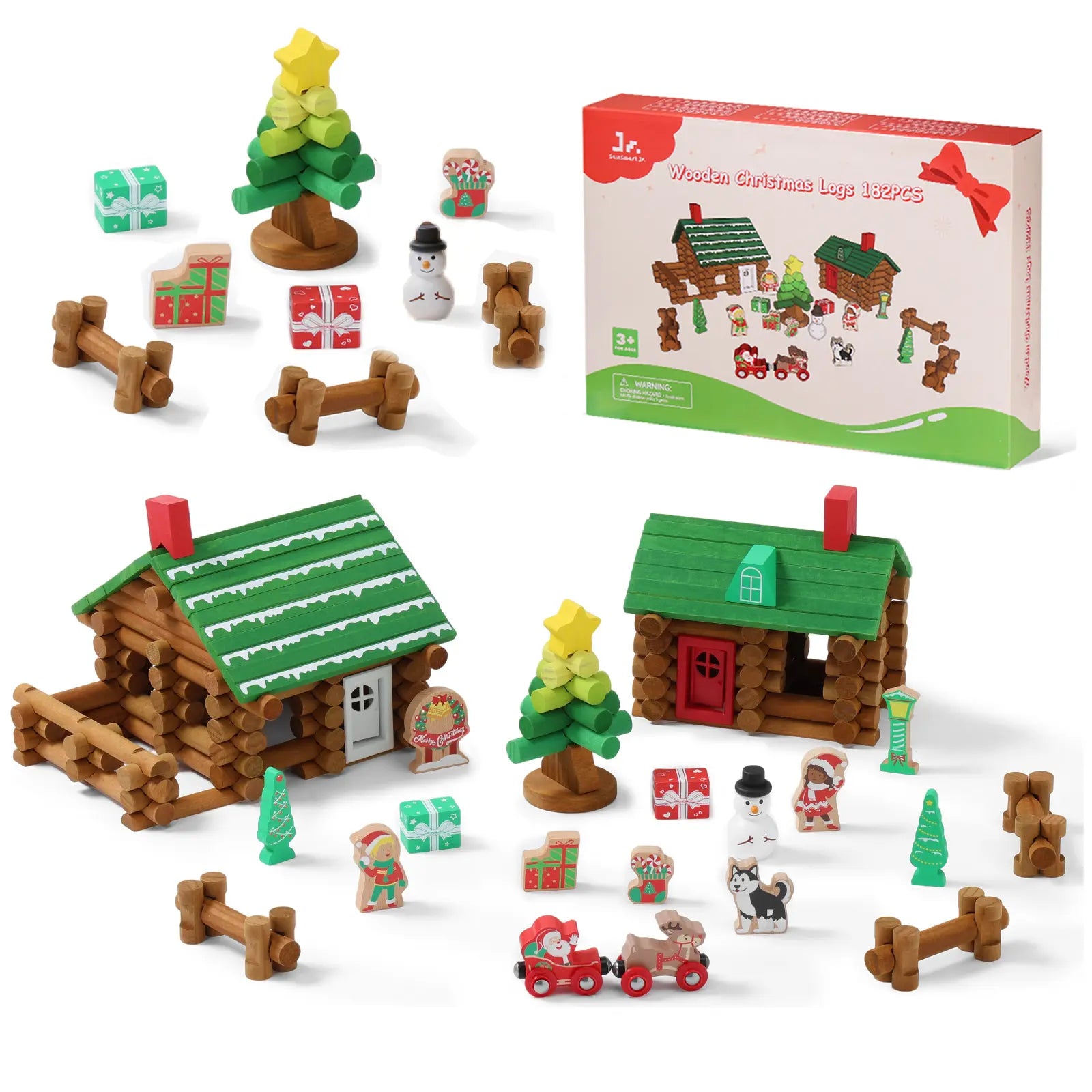 Wooden Christmas log cabin set with various festive figures and decorations