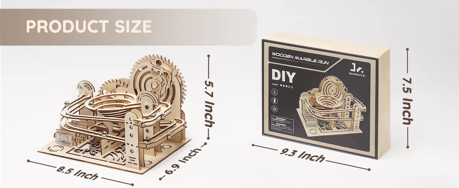 Wooden mechanical model kit with packaging, showing dimensions.