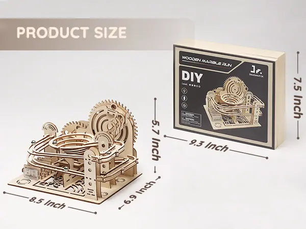 Wooden marble run kit with packaging and measurements