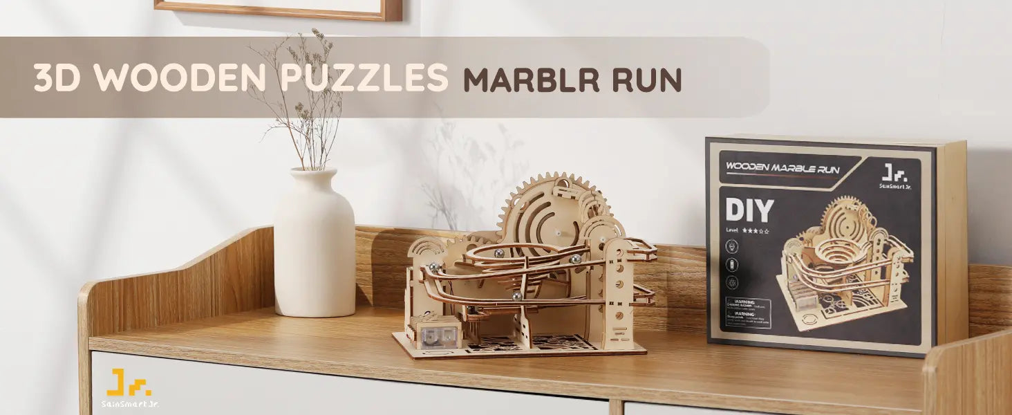 3D wooden puzzle marblr run on a shelf with packaging