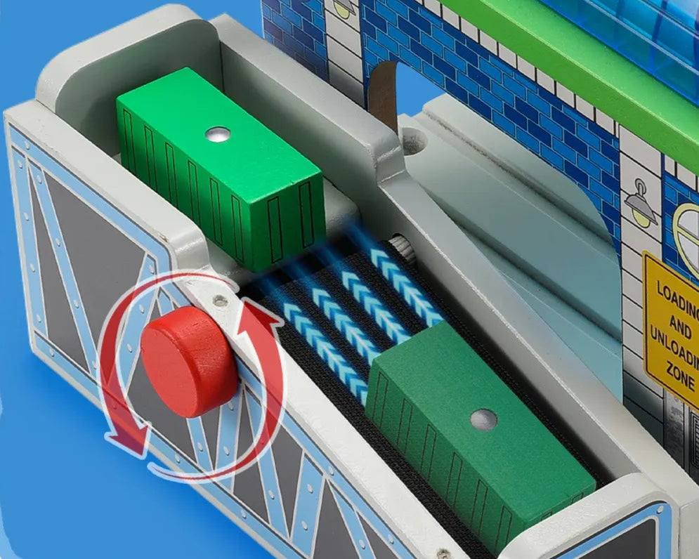 Toy station model with conveyor belts and chutes for item transport and baggage loading.