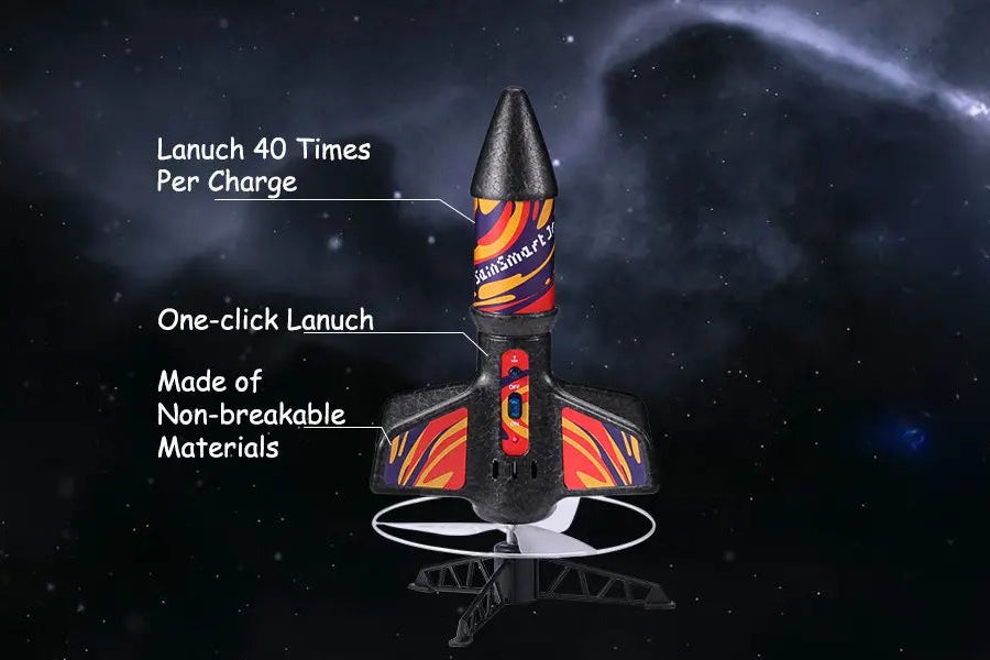 Rocket model with features labeled against