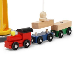 Wooden toy train set with colorful cars