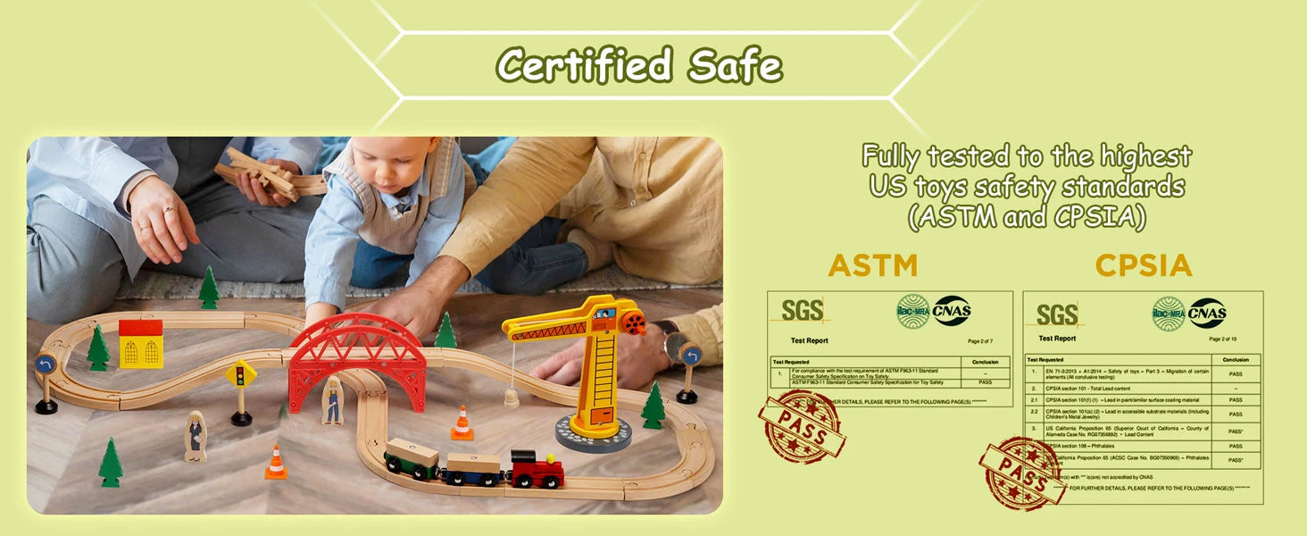 Children playing with a wooden train set on a table, with safety certification