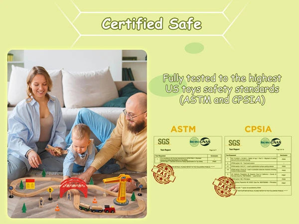 Family playing with a wooden toy train set on a light green background with safety certification text.